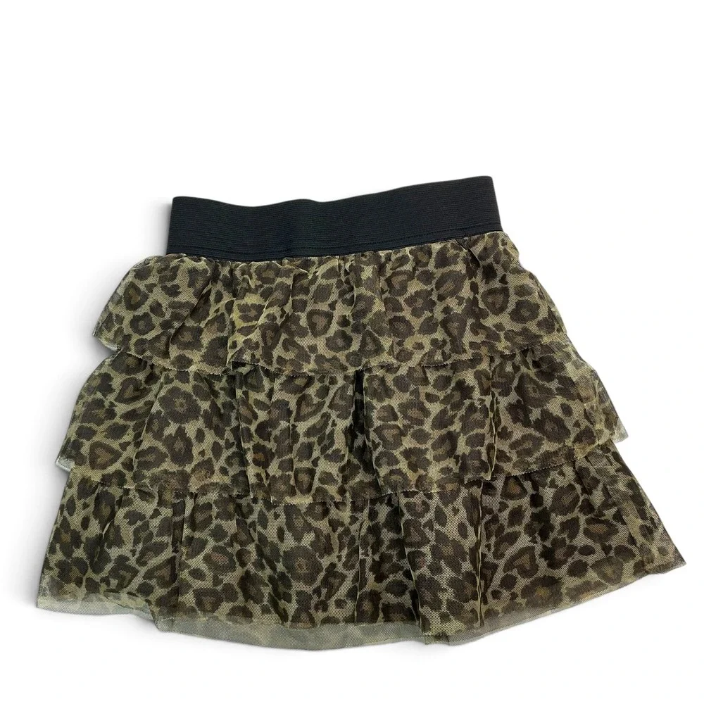 The Children's Place Brown Leopard Print Skirt Girls 10/12 Tiered Mesh Elastic